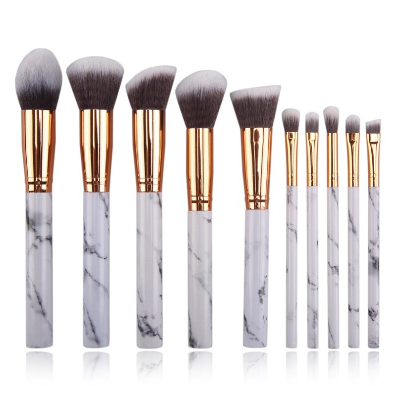 Set 10 Pensule Profesionale Pentru Makeup, Alb Marble cu Suport Inclus