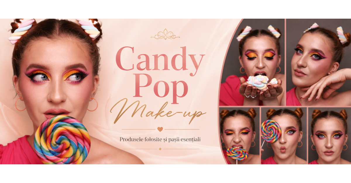 Candy Pop Make-up cu ochi colorați, ten luminos și buze nude mate