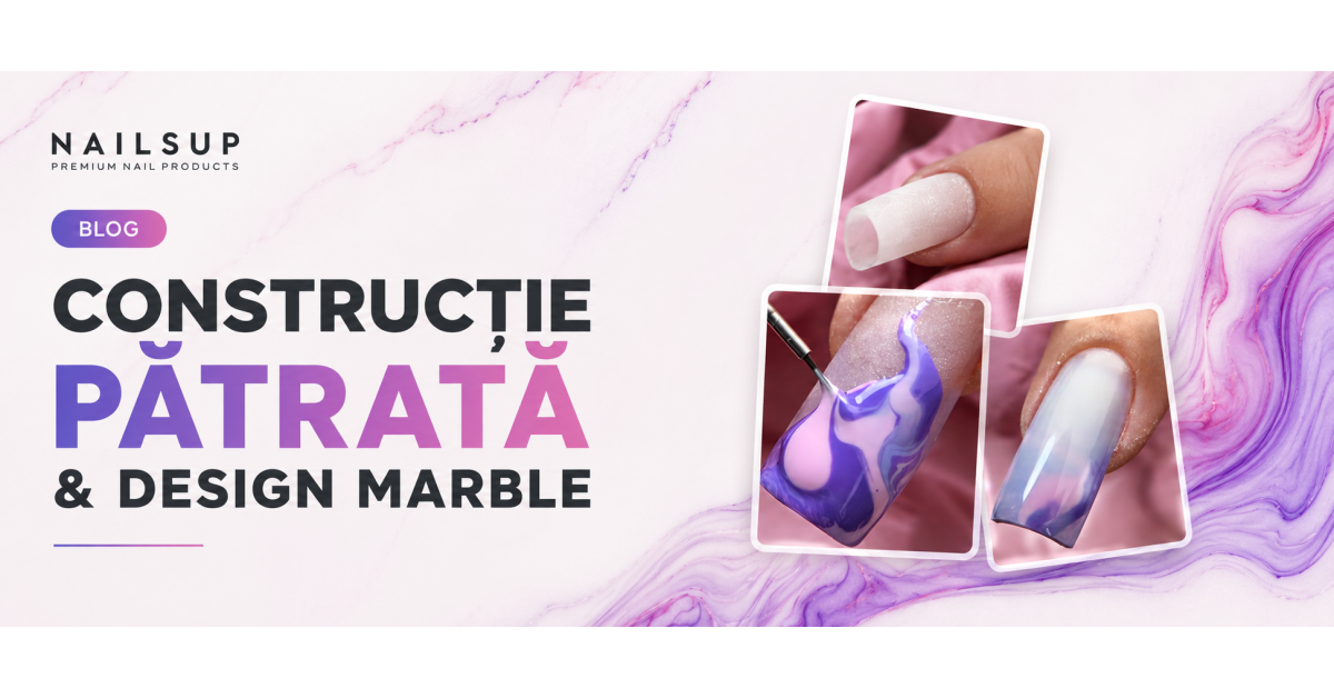 Construcție Unghii Pătrate cu Polygel Clear și Efect Degrade Marble