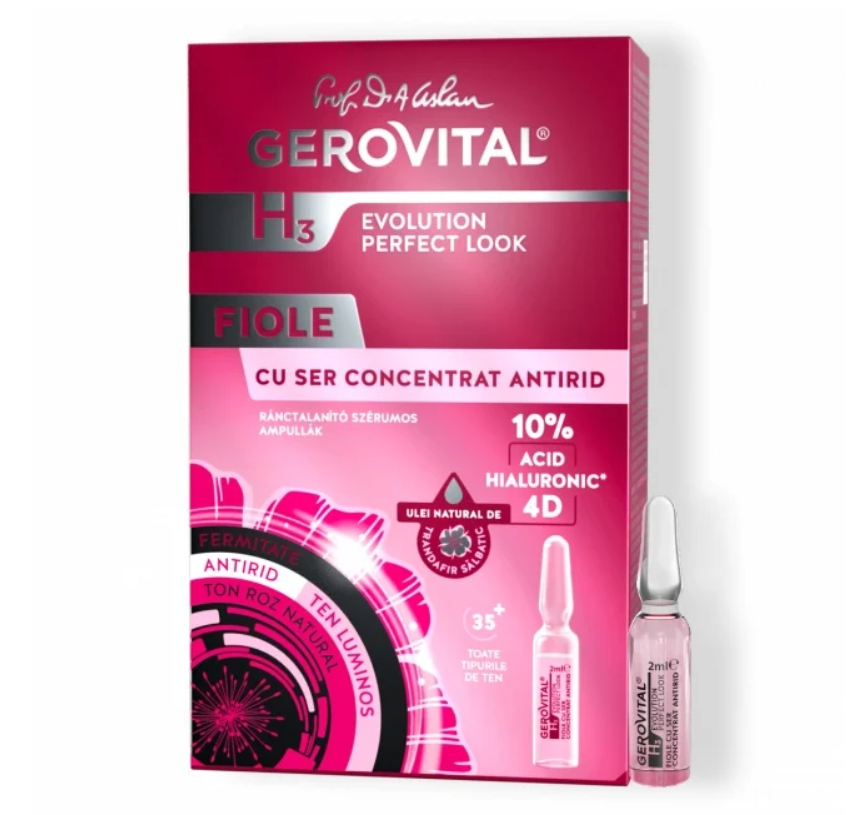 Gerovital Fiole cu ser concentrat antirid cu Acid Hialuronic 10% 4D H3 Evolution Perfect Look