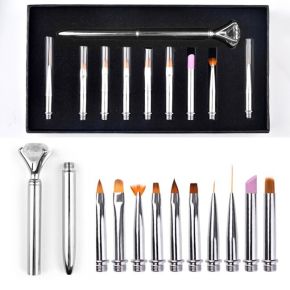 Pensule Unghii cu Rezerve, Set 10Buc cu Cristale, Tip Stilou, Silver