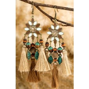 Cercei cu Ciucuri Maro/Crem Model Boho Chic