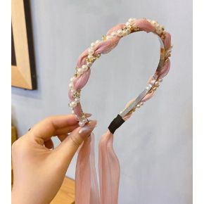 Cordeluta Roz pentru Coafat Parul Model Perle cu Panglica