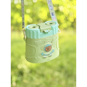 Sticla de Apa pentru Copii, Model Binoclu, cu Pai, Stickere si Bareta, Verde,    MIX14837