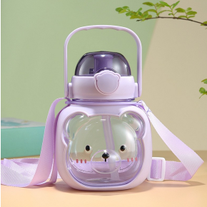 Termos Pentru Copii, cu Pai, Bareta si Maner, Model Urs, Mov, Plastic, 500ml,   MIX15047