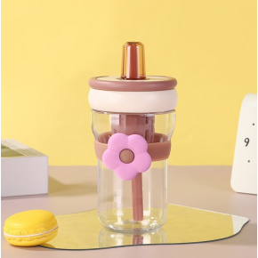 Cana cu Pai Pentru Copii, Model Floare, Plastic, Maro, 500 ml,   MIX15052