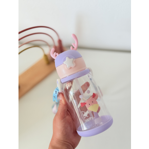 Cana cu Pai pentru Copii, cu Bareta, Plastic, Model Girafa, Mov, 600 ml    MIX14972