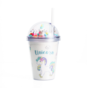 Cana cu Pai, Model Unicorn si Pom-Pom, Multicolor, Plastic, 300 ml  MIX15001