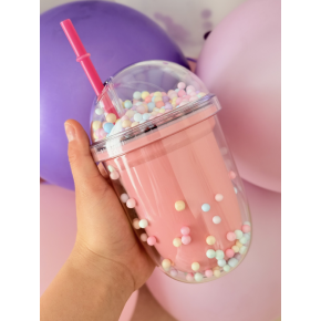 Cana cu Pai, Model cu Bomboane, Plastic, Roz, 300 ml   MIX15003