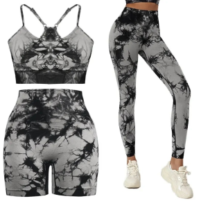 Set pentru Sala Grey/Black 3 piese, Pantalon scurt si Colanti plus Bustiera, Model Tie-Dye - S, MIX15470-2141