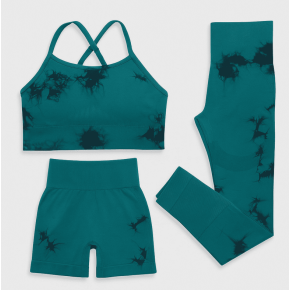 Set pentru Sala Green/Black 3 piese, Pantalon scurt si Colanti plus Bustiera, Model Tie-Dye - M, MIX15471-2145