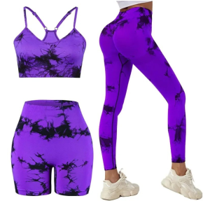 Set pentru Sala Purple/Black 3 piese, Pantalon Scurt, Colant si Bustiera, Model Tie-Dye - M, MIX15472-2148